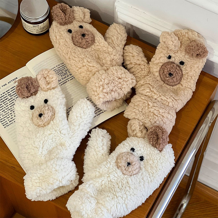 Women Gloves Plush Cartoon Bear Mittens Lady Thicken Velvet Girls Winter Gloves