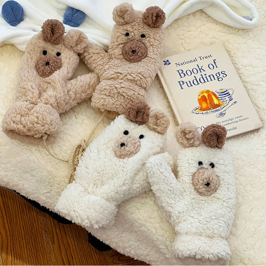 Women Gloves Plush Cartoon Bear Mittens Lady Thicken Velvet Girls Winter Gloves