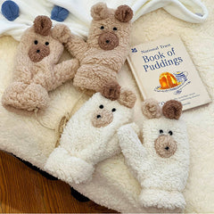 Women Gloves Plush Cartoon Bear Mittens Lady Thicken Velvet Girls Winter Gloves