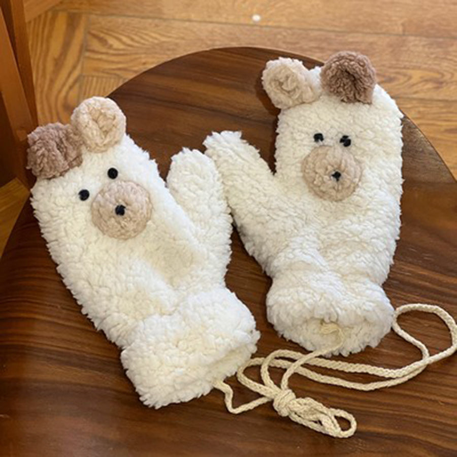 Women Gloves Plush Cartoon Bear Mittens Lady Thicken Velvet Girls Winter Gloves