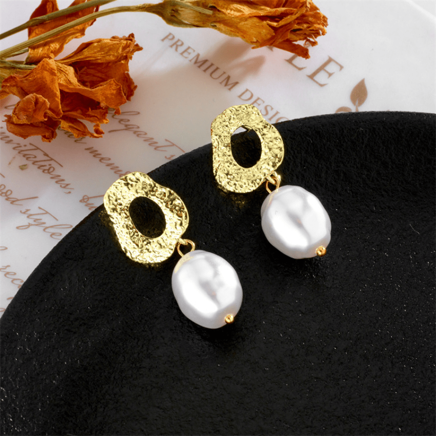 Faux Pearl Decor Golden Dangle Earrings 14K Plated Jewelry