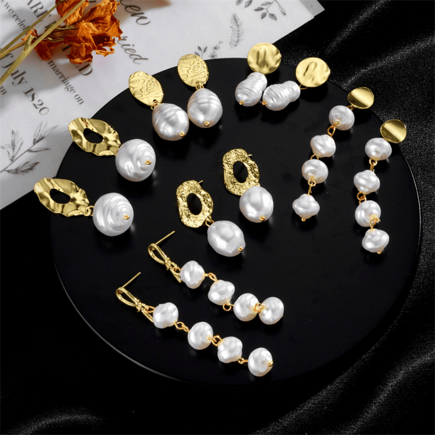 Faux Pearl Decor Golden Dangle Earrings 14K Plated Jewelry