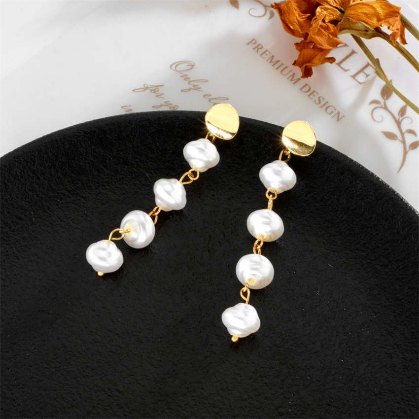 Faux Pearl Decor Golden Dangle Earrings 14K Plated Jewelry