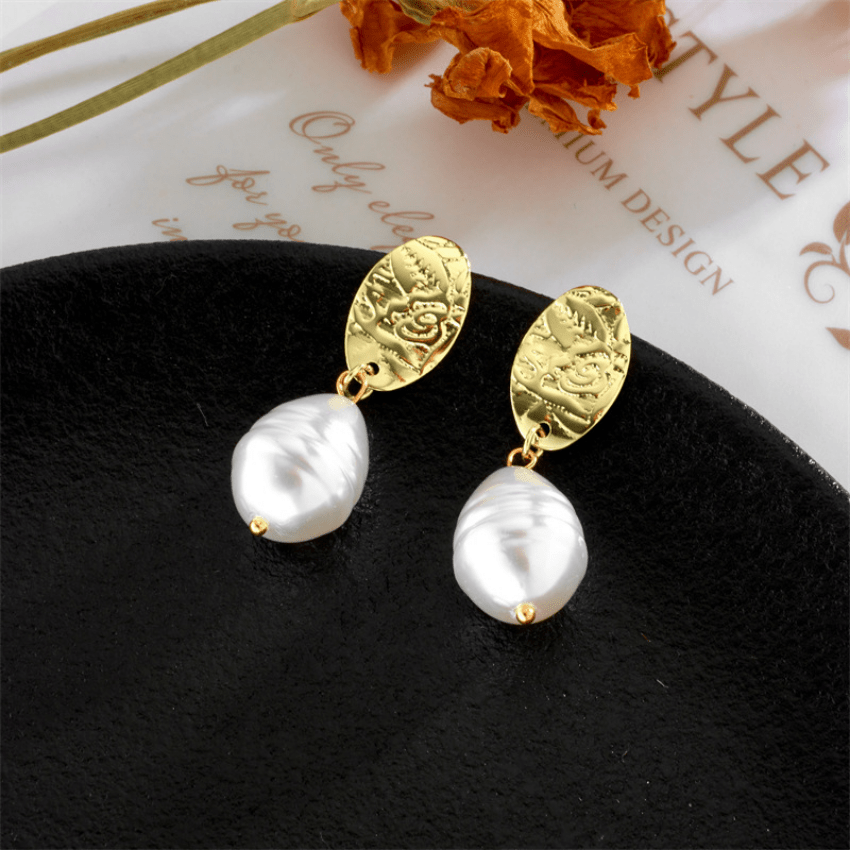 Faux Pearl Decor Golden Dangle Earrings 14K Plated Jewelry