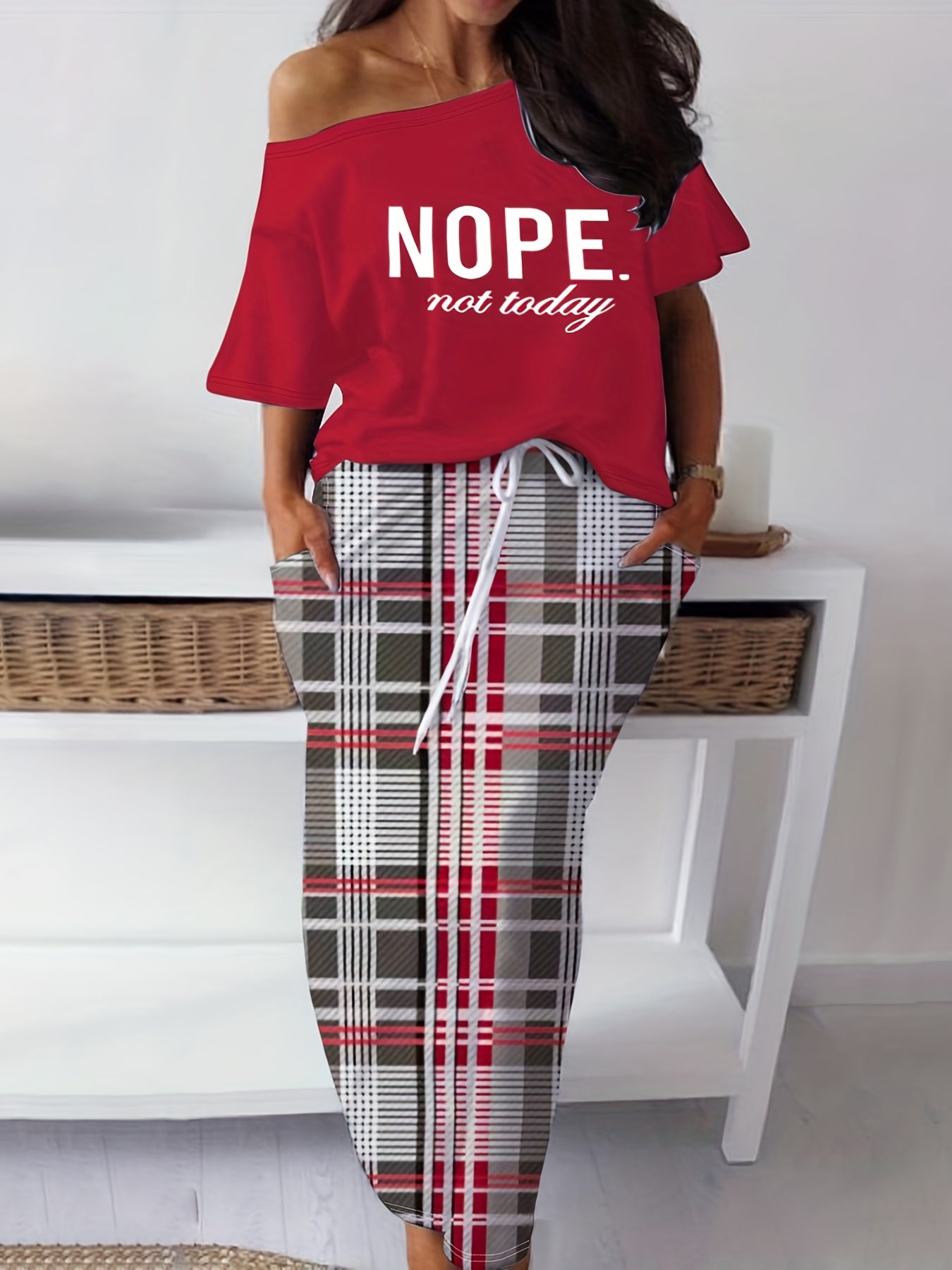  Slogan Print One Shoulder Top & Plaid Print Maxi Skirt Set
