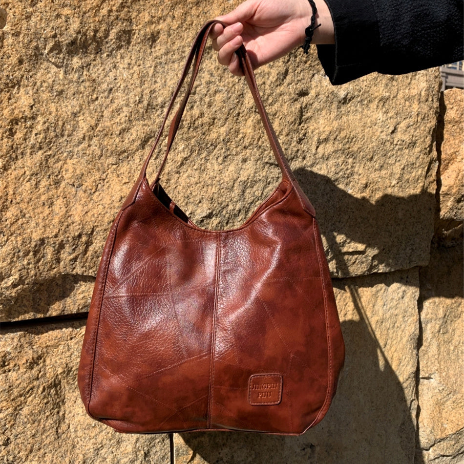 Textured Bucket Bag Vintage Shoulder Soft Leather Handbag