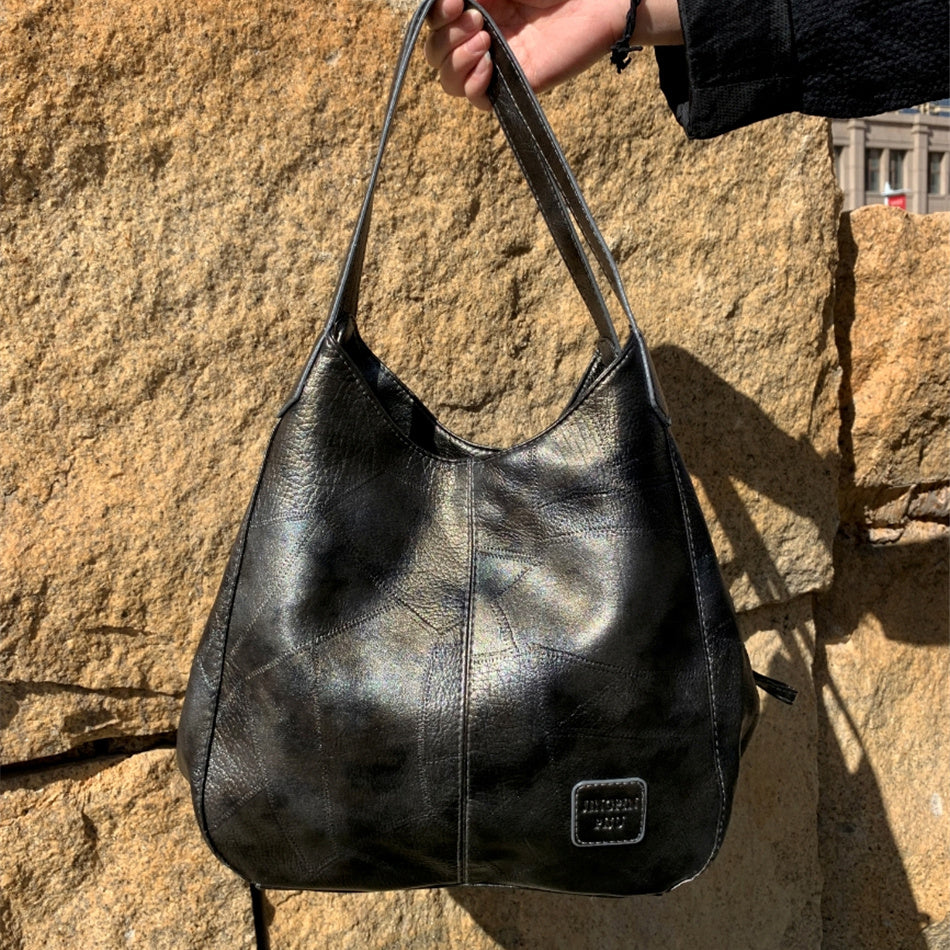 Textured Bucket Bag Vintage Shoulder Soft Leather Handbag