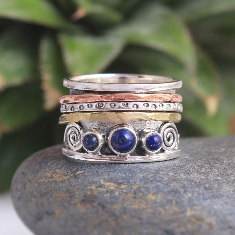 Lapis Lazuli Ring Three Tone Meditation Spinning Band Silver Plated