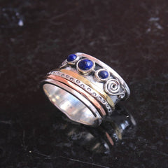 Lapis Lazuli Ring Three Tone Meditation Spinning Band Silver Plated