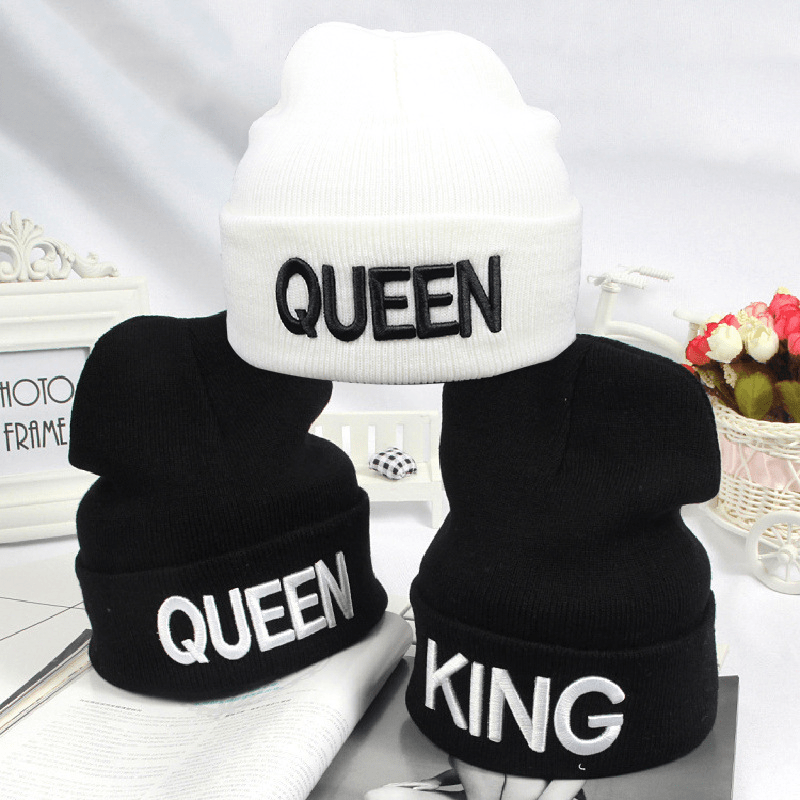 KING QUEEN 3D Knitted Embroidered Warm Hat