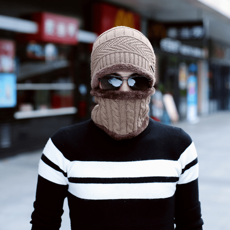 Autumn Winter Plus Fleece Cap Mens Knitted Hat Scarf Two piece Set