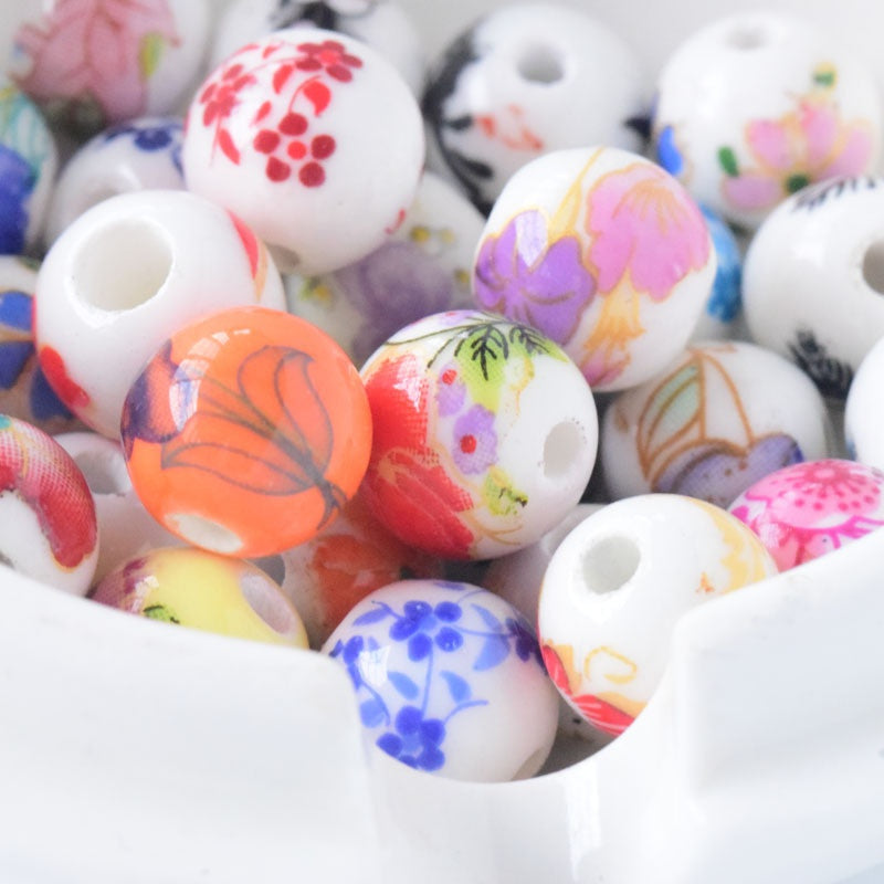 30pcs Round Floral Ceramic Beads 10mm Flower Porcelain DIY Jewelry