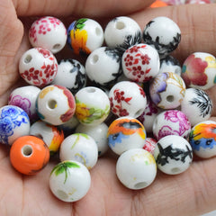 30pcs Round Floral Ceramic Beads 10mm Flower Porcelain DIY Jewelry