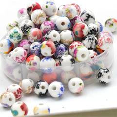 30pcs Round Floral Ceramic Beads 10mm Flower Porcelain DIY Jewelry