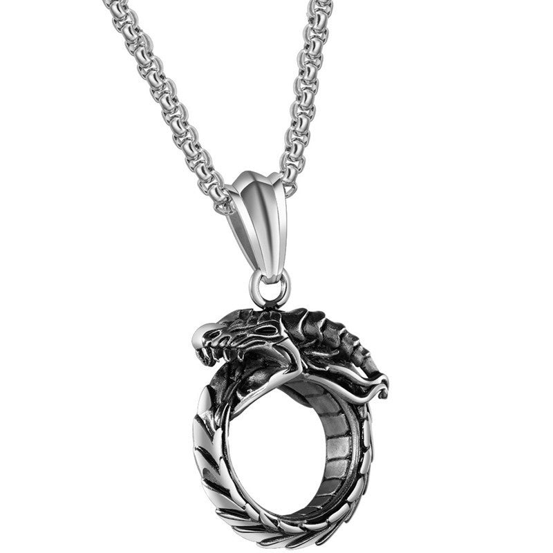 Vintage Men's Snake Pendant Necklace Hip Hop Biker Round Dragon Pendant Necklace