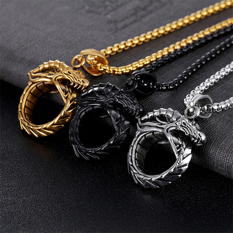 Vintage Men's Snake Pendant Necklace Hip Hop Biker Round Dragon Pendant Necklace