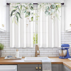2pcs Nordic Hand Painted Leaves Short Curtain Semi Blackout for Living Room