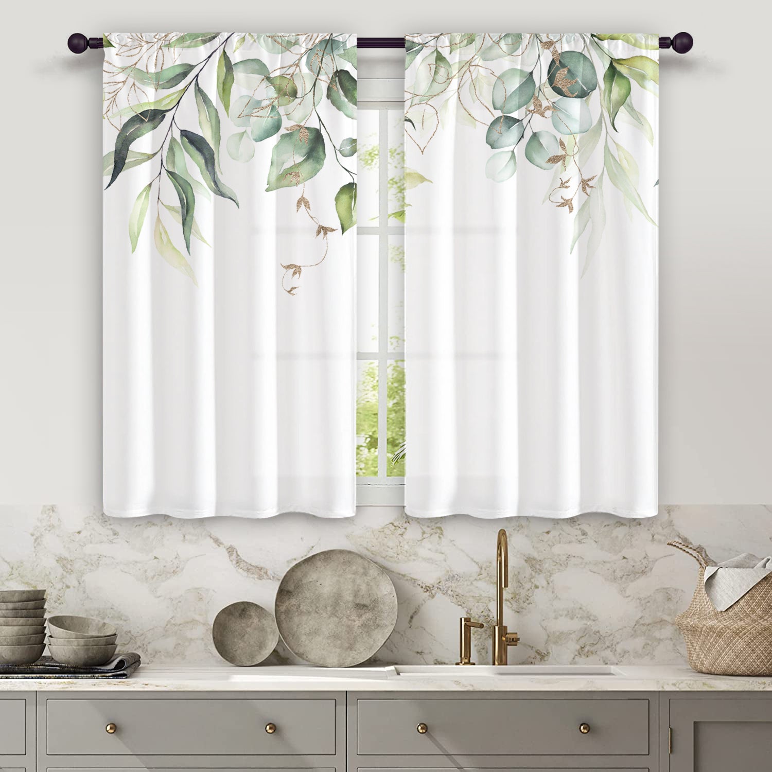 2pcs Nordic Hand Painted Leaves Short Curtain Semi Blackout for Living Room