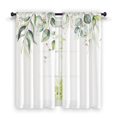 2pcs Nordic Hand Painted Leaves Short Curtain Semi Blackout for Living Room