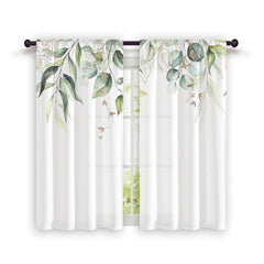 2pcs Nordic Hand Painted Leaves Short Curtain Semi Blackout for Living Room