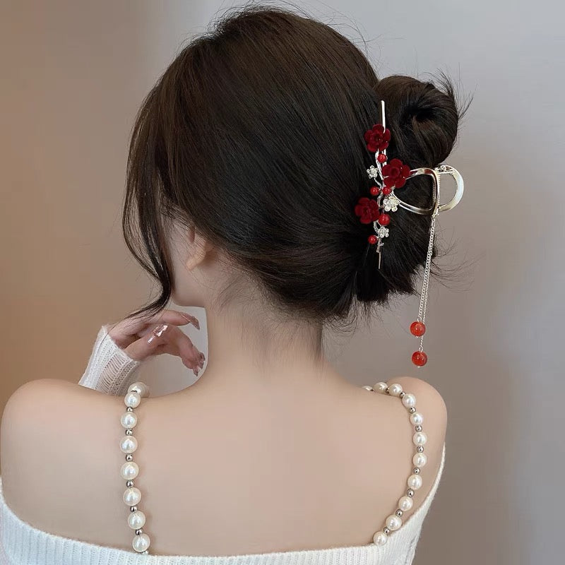 Red Plum Blossom Hair Claw Chinese Style Flower Claw Clip