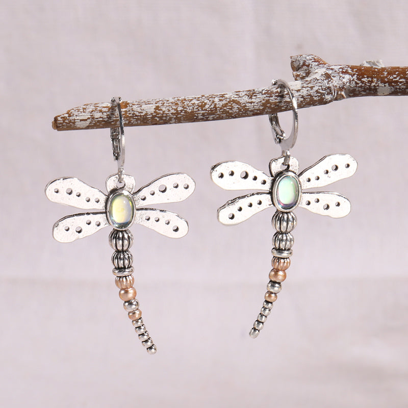 Vintage Moonstone Dragonfly Earrings 925 Silver Plated