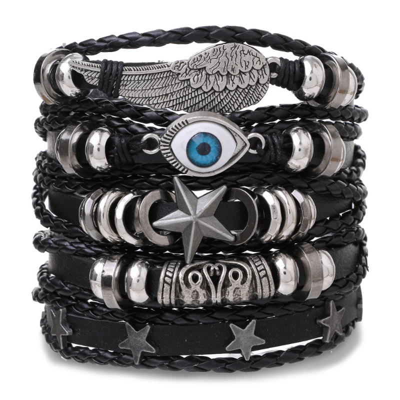 5pcs set Men's Leather Bracelet Stylish Adjustable Bracelet