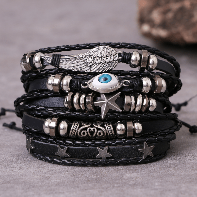 5pcs set Men's Leather Bracelet Stylish Adjustable Bracelet