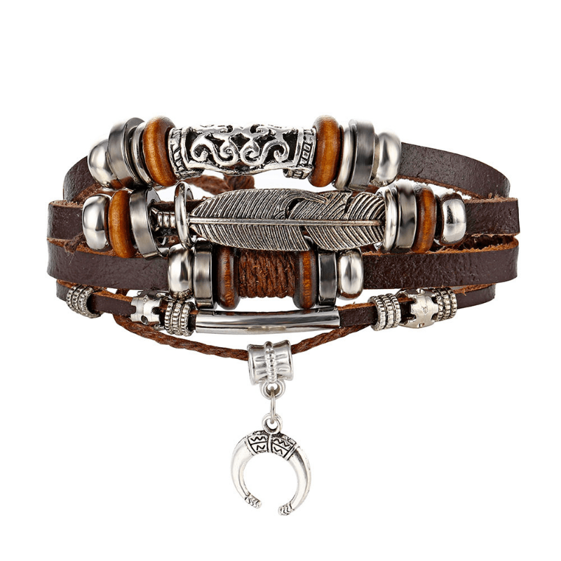 Men's Feather Beaded Leather Bracelet Brown