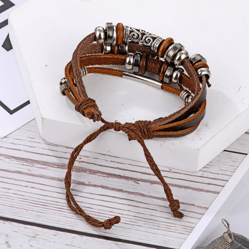 Men's Feather Beaded Leather Bracelet Brown
