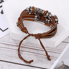 Men's Feather Beaded Leather Bracelet Brown