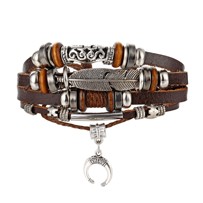 Men's Feather Beaded Leather Bracelet Brown