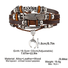Men's Feather Beaded Leather Bracelet Brown