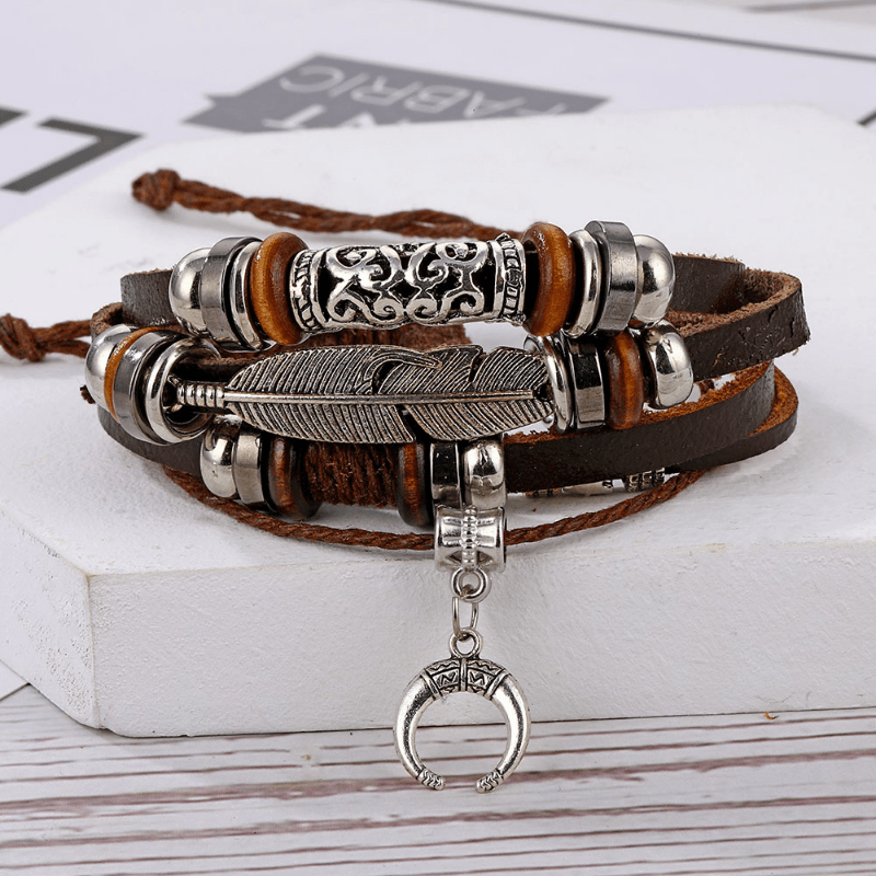 Men's Feather Beaded Leather Bracelet Brown