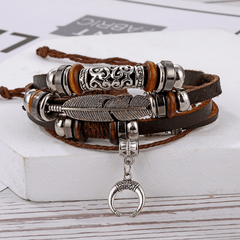 Men's Feather Beaded Leather Bracelet Brown