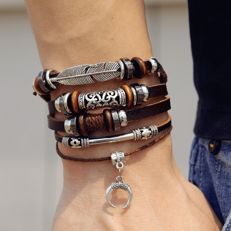 Men's Feather Beaded Leather Bracelet Brown