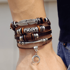 Men's Feather Beaded Leather Bracelet Brown