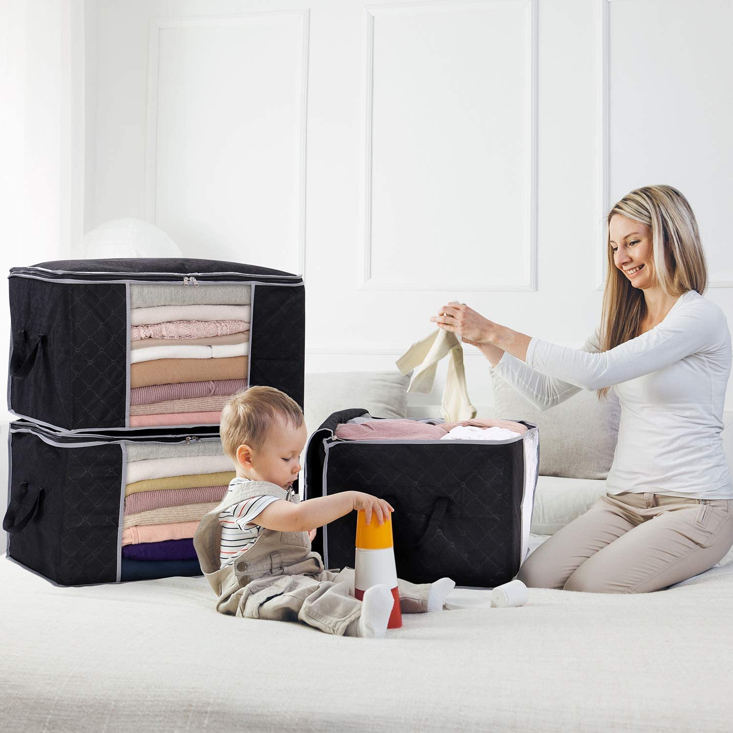 90L Large Storage Bags 3 Pack Closet Organizers Foldable Storage Bins