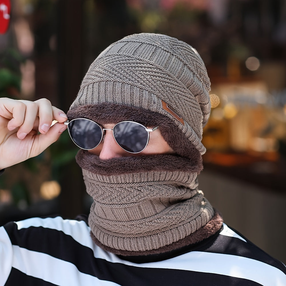Autumn Winter Plus Fleece Cap Mens Knitted Hat Scarf Two piece Set
