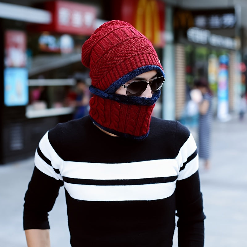 Autumn Winter Plus Fleece Cap Mens Knitted Hat Scarf Two piece Set