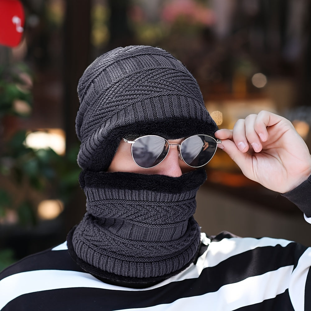 Autumn Winter Plus Fleece Cap Mens Knitted Hat Scarf Two piece Set