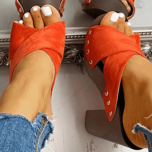 Chunky Heeled Sandals Criss Cross Platform Slip on High Heels