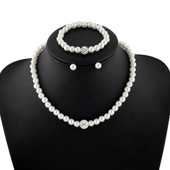 Faux Pearls Jewelry Set Choker Necklace Bracelet Earrings Crystal Chain