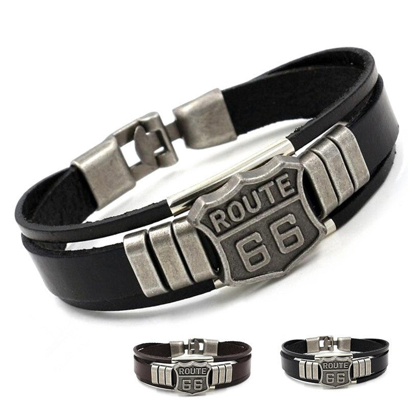 US 66 Road Bangle Leather Bracelet Men