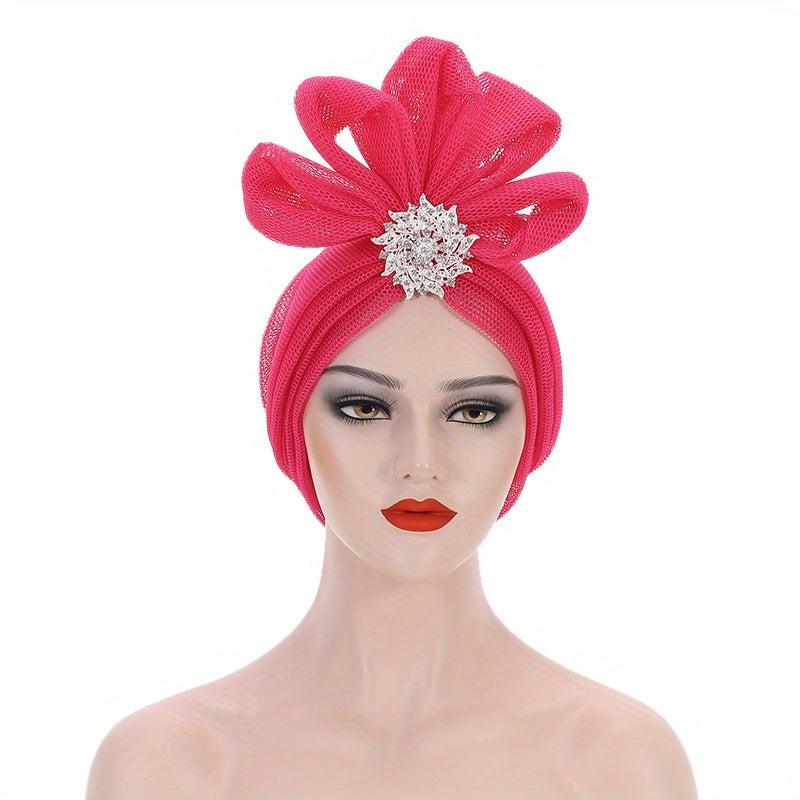 Mesh Flower Turban Cap Solid Pleated Head Wraps Elastic Bonnet
