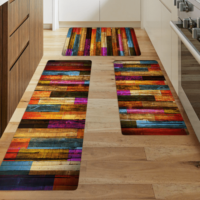 Boho Anti Fatigue Kitchen Rug Colorful Wooden Striped Absorbent Non Slip Mat