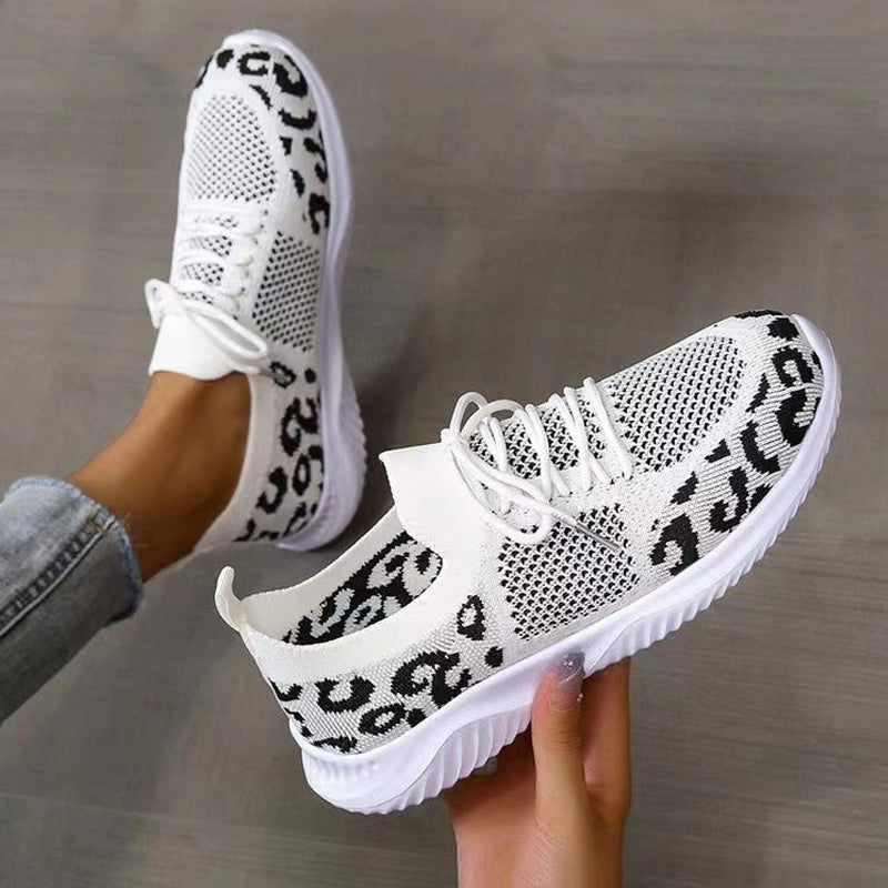 Leopard Print Knitted Walking Shoes Lace Up Lightweight Flat Shoes