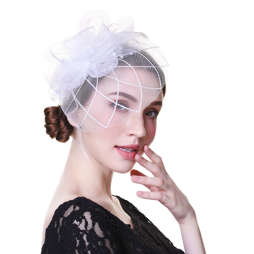 Women Wedding Hat With Face Veil Bridal Headwear Feathers Linen Hat For Brides