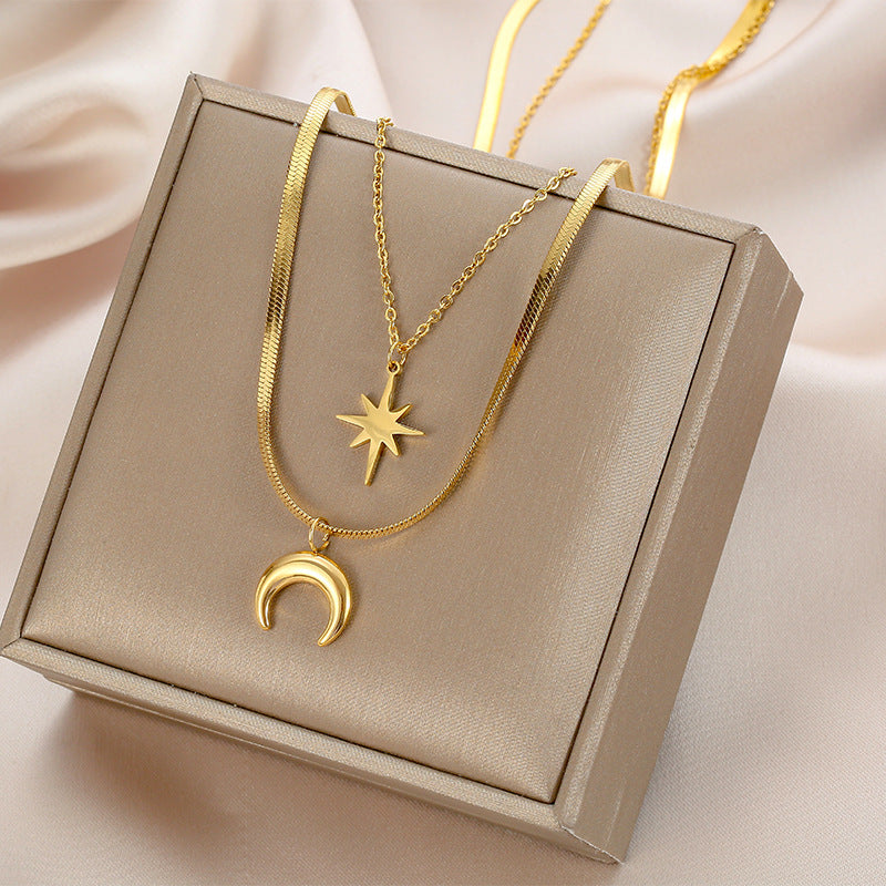 Double Hexagram Moon Necklace Stainless Steel Necklace
