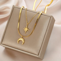 Double Hexagram Moon Necklace Stainless Steel Necklace